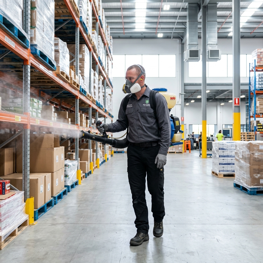Técnico fumigando bodega comercial con nebulizador de espalda